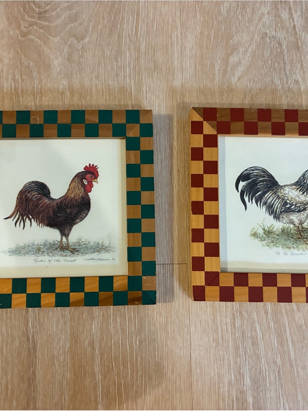 Vintage Green & Gold and Red & Gold Checkerboard Rooster Wall Art Pair